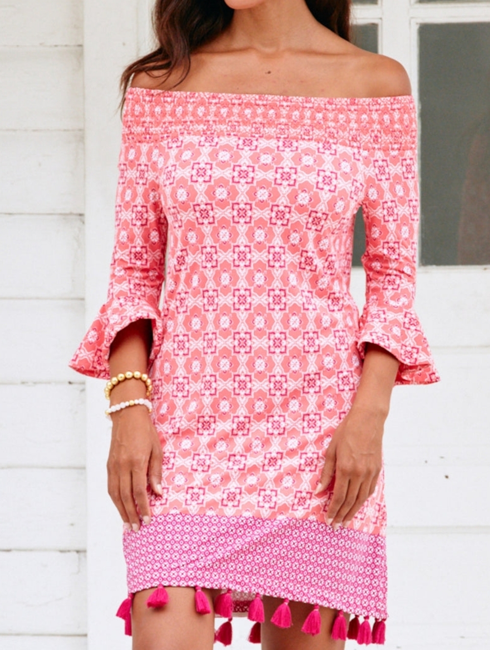 Cabana Life Off Shoulder Printed Dress with Tassels Women's Size Large